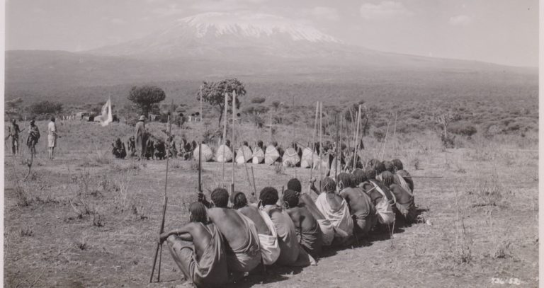 Historical image of Mount Kilimanjaro with glacier-covered summit during early exploration era