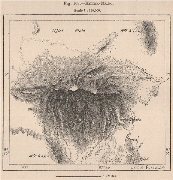 Mount Kilimanjaro with local tribal regions such as Chagga and Pare surrounding the base