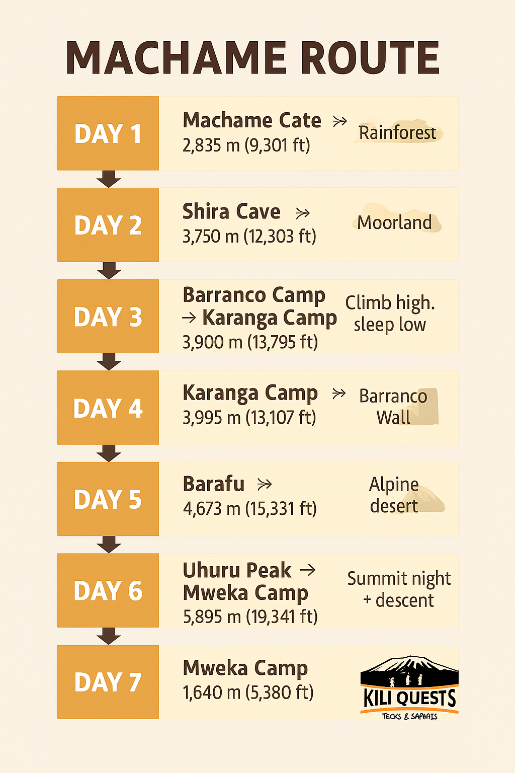 Machame Route infographic showing a 7-day climb on Mount Kilimanjaro with camps, hike times, and elevation changes.