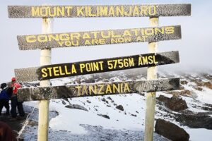 Stella Point summit sign at 5,756 meters on Kilimanjaro’s crater rim covered in snow | Kili Quests