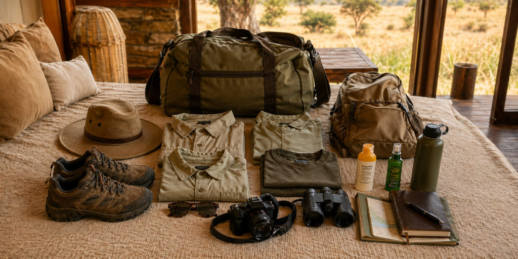 Tanzania safari packing list with clothes, binoculars, hat, camera, and travel essentials arranged for safari travel