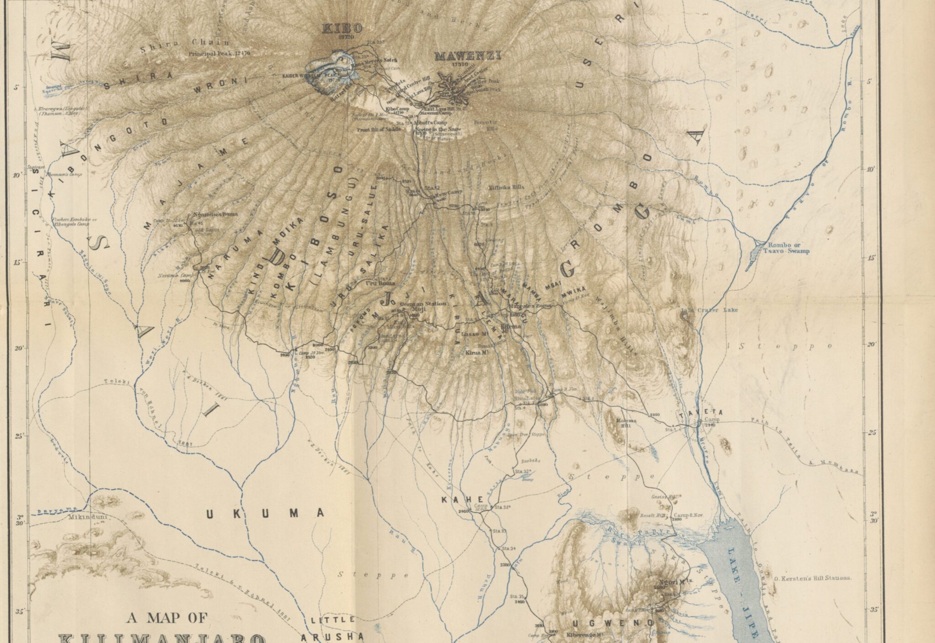 1889 exploration map of Mount Kilimanjaro drawn by Hans Meyer, highlighting the early summit path and crater area | Kili Quests