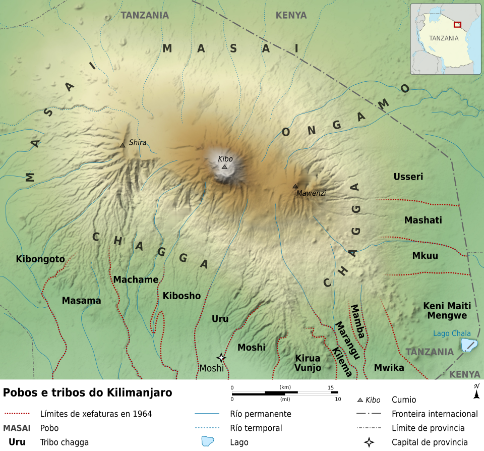 Map of Mount Kilimanjaro highlighting areas inhabited by the Chagga people, including villages on southern and eastern slopes | Kili Quests