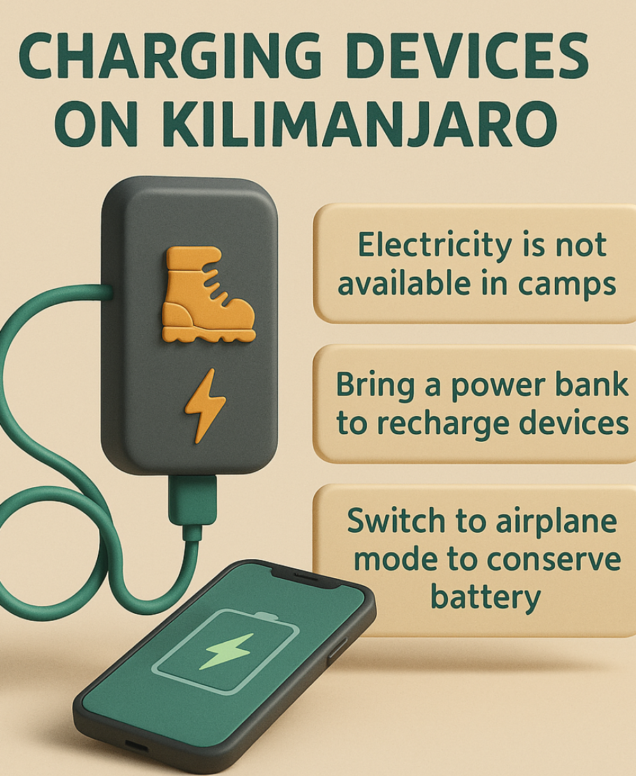 3D-style infographic showing power bank, smartphone, and battery-saving tips for Kilimanjaro.