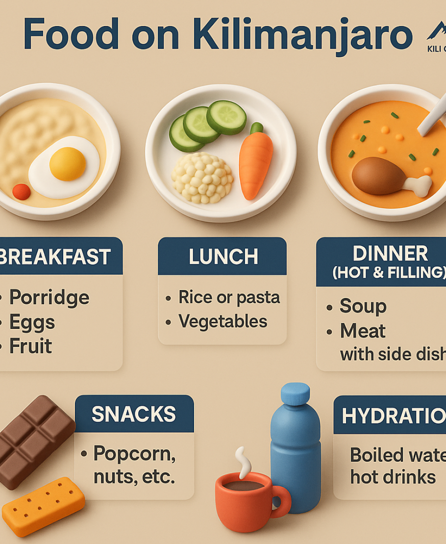 3D infographic showing breakfast, lunch, dinner, and snacks available during Kilimanjaro treks.