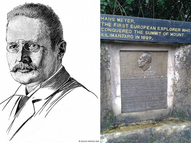 Portrait of Hans Meyer and the memorial plaque at Marangu Gate commemorating his 1889 first ascent of Mount Kilimanjaro.