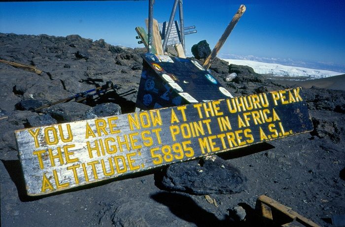 Historic wooden sign at Uhuru Peak on Mount Kilimanjaro displaying the highest point in Africa at 5,895 meters above sea level.