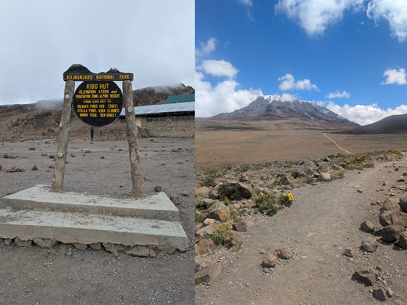 Side-by-side image of Kibo Hut (4,720m) and the barren alpine desert zone on Kilimanjaro's Rongai Route, with Mawenzi Peak visible in the distance | Kili Quests