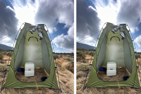 Portable toilet tent setup on Mount Kilimanjaro with private enclosure and toilet box for trekkers