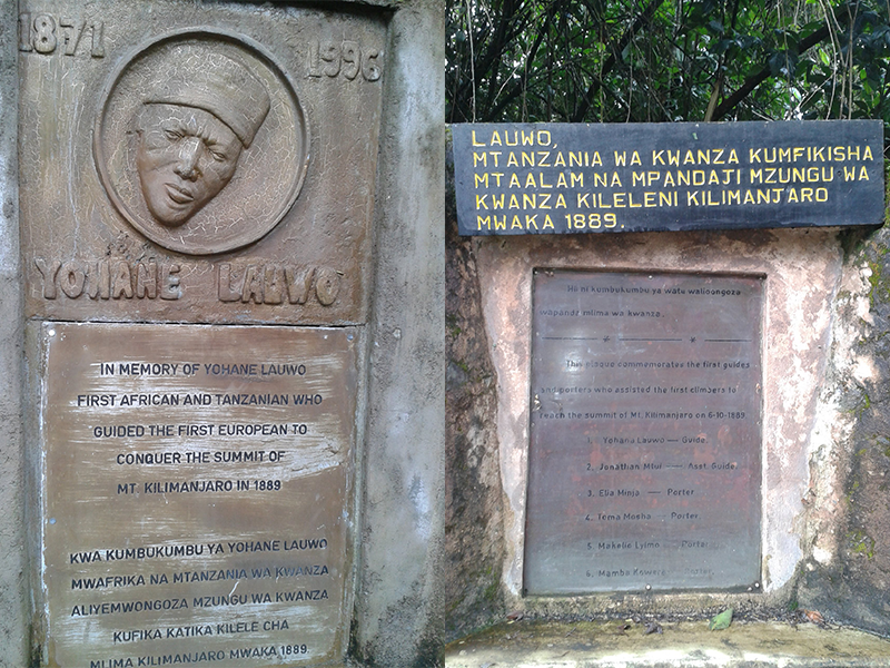 Memorial plaques honoring Yohane Lauwo, the first Tanzanian to guide a European to Kilimanjaro’s summit in 1889.