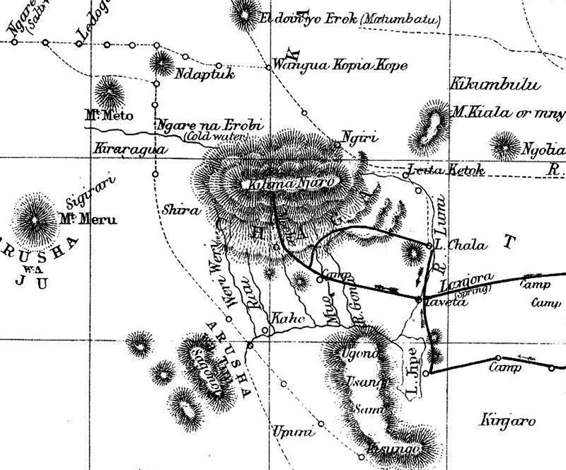 Vintage map of Mount Kilimanjaro showing routes, landmarks, and geography as seen in the 1990s | Kili Quests