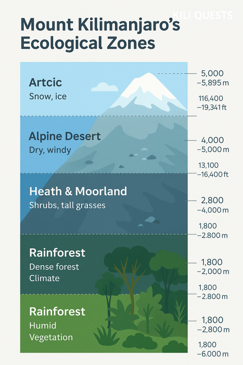 Infographic of Mount Kilimanjaro’s ecological zones showing rainforest, heath, moorland, alpine desert, and arctic summit with altitude labels in meters and feet.