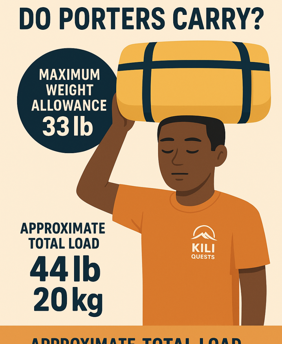 3D infographic of a porter carrying 20 kg client gear and 5–7 kg personal gear on Kilimanjaro.