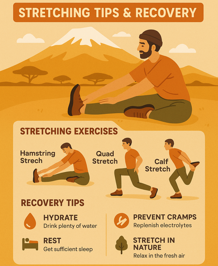 Streching 3D infographic showing hamstring, quad, and calf stretches along with hydration and rest tips.