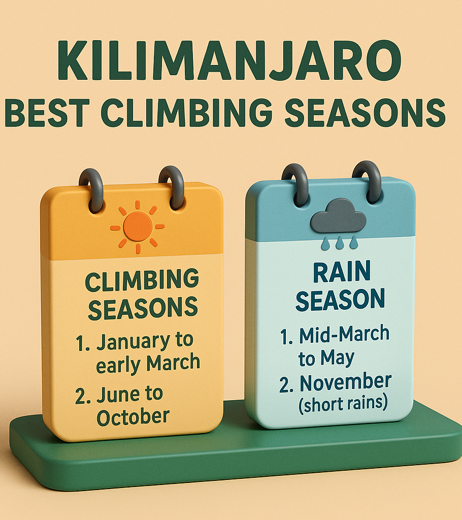 infographic showing the best climbing seasons and rain periods for Mount Kilimanjaro, including January to March and June to October.