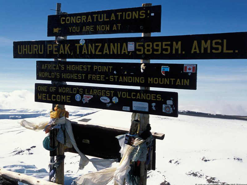 Uhuru Peak sign at the summit of Mount Kilimanjaro showing elevation and independence-related messages.