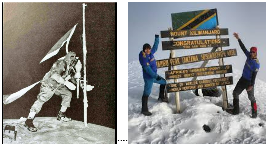 Split image showing the first Tanzanian man raising the national flag on Mount Kilimanjaro and a modern tourist at Uhuru Peak Kili Quests