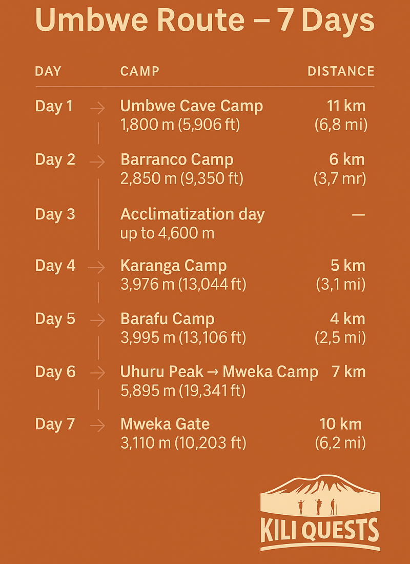 Elevation chart for the Umbwe Route on Mount Kilimanjaro showing daily camps and altitude gain.