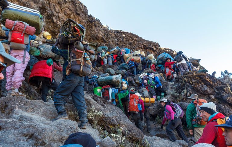Group of Kilimanjaro porters trekking uphill in moorland with loads on their backs